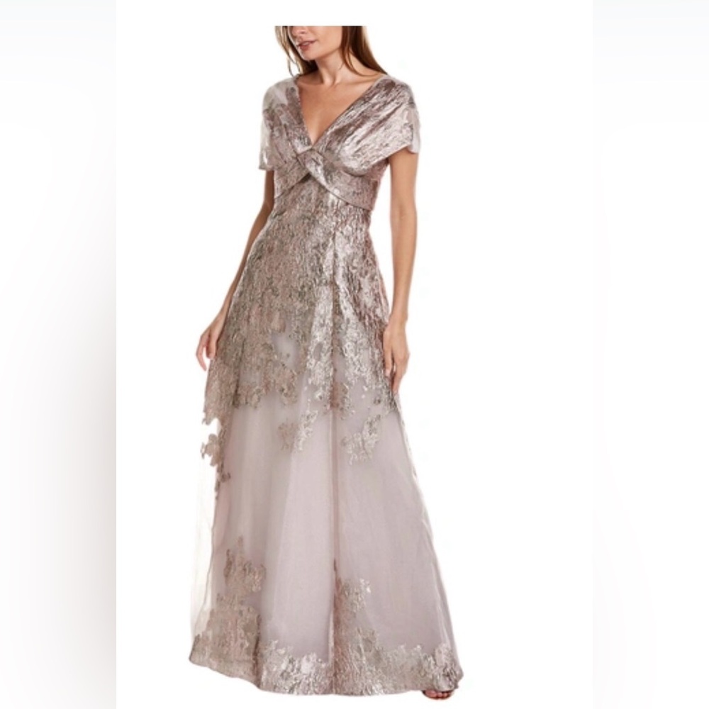 Teri Jon Cream and Gold Textured Maxi Dress